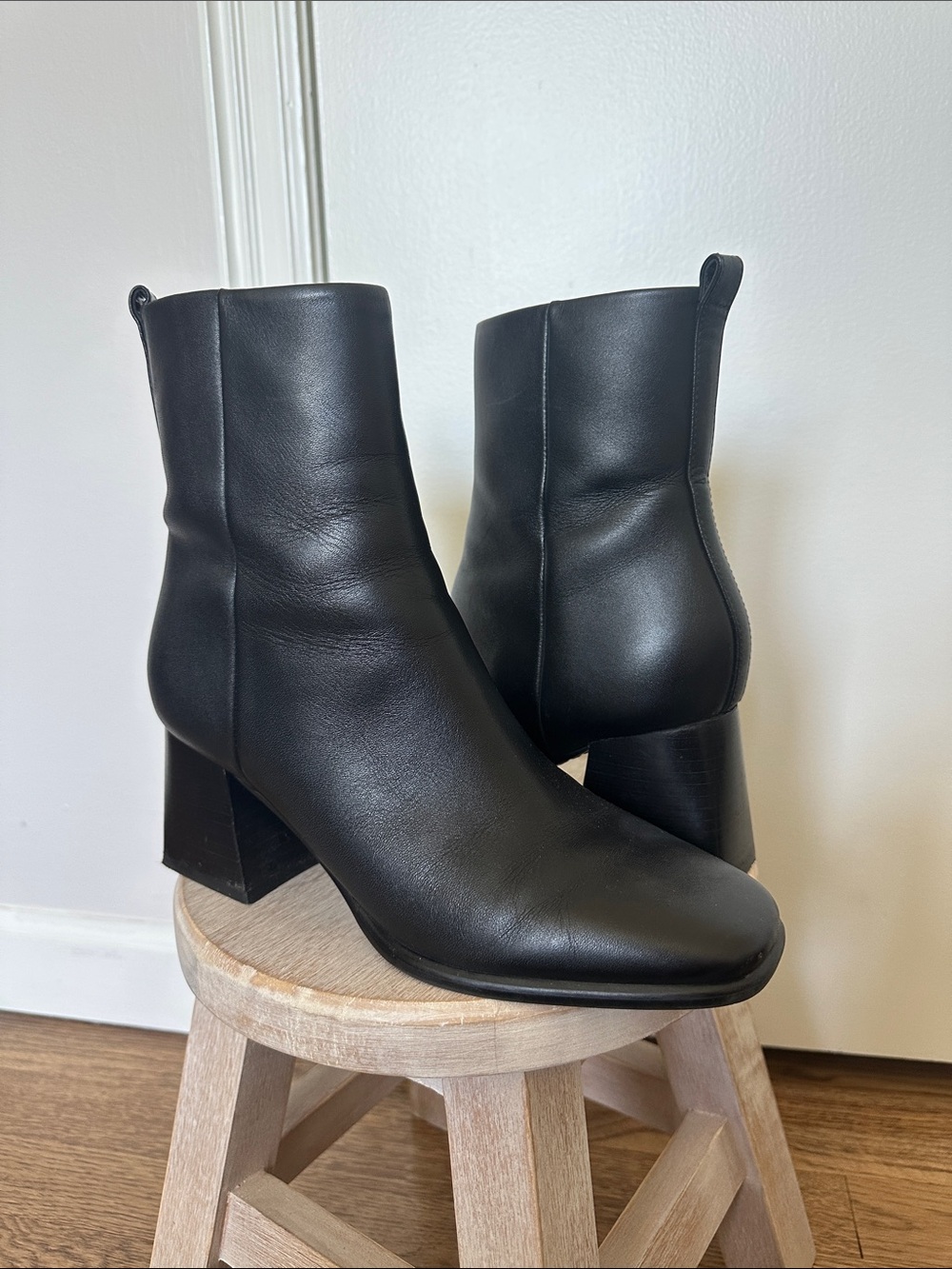 Marc Fisher LTD Floria Booties Black Leather Block Heel Square Toe